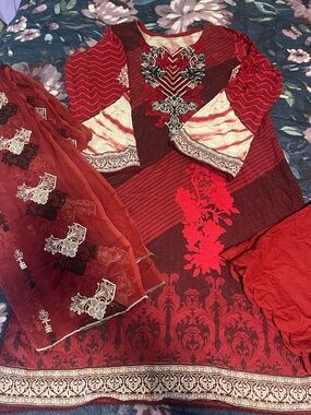 Red lawn Salwar Kameez